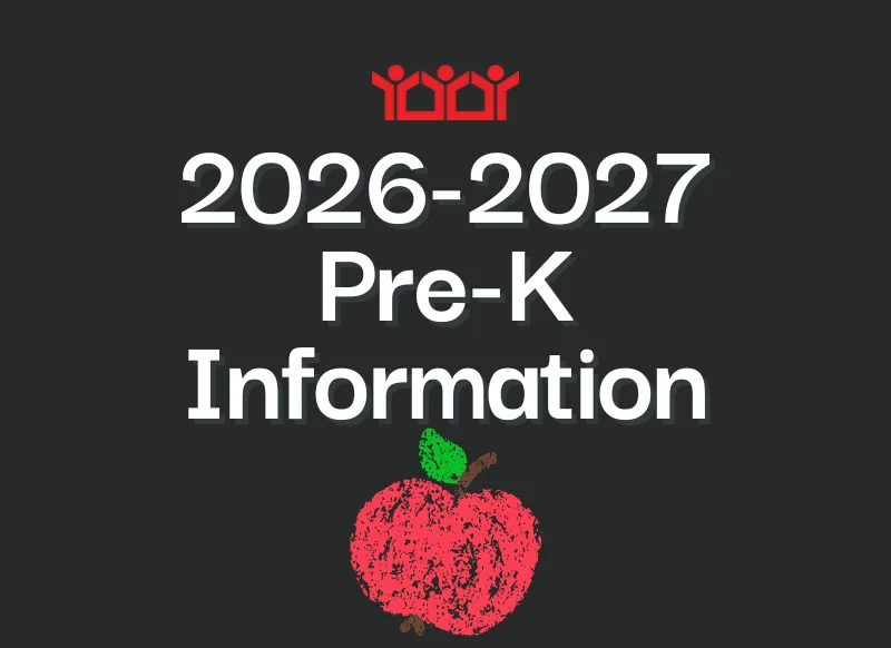 black background with white text that says 2026-2027 Pre-K Information with a crayon drawing of an apple underneath
